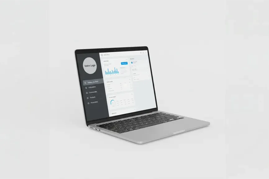 Un ordinateur portable argenté ouvert sur un fond blanc, affichant une interface utilisateur de tableau de bord avec des graphiques, des statistiques et des menus de navigation. Le logo "Votre Logo" est visible dans le coin supérieur gauche de l'écran.