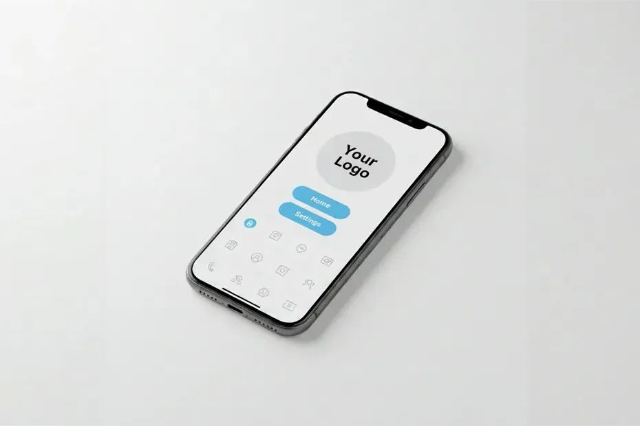 A black smartphone placed on a white background, displaying an application with a "Your Logo" logo.