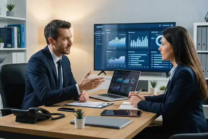 Professionals in an IT consulting meeting, discussing projects around a table with screens displaying charts and data.