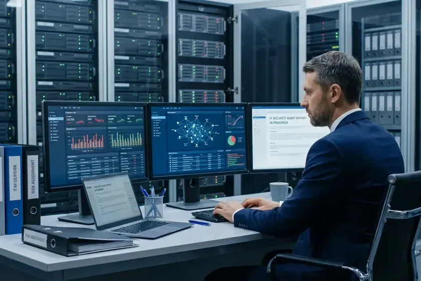 A professional in a suit examining charts and data on a large screen, with cybersecurity and network elements in the background, illustrating an audit in an IT company.