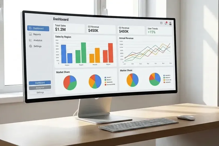 A computer with a dashboard displaying aggregated data, including charts, tables, and performance indicators.