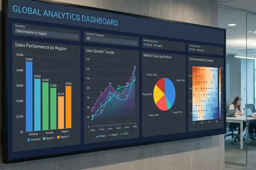 Global analytics dashboard displaying sales performance by region, user growth trends, market share by product, and customer activity density.
