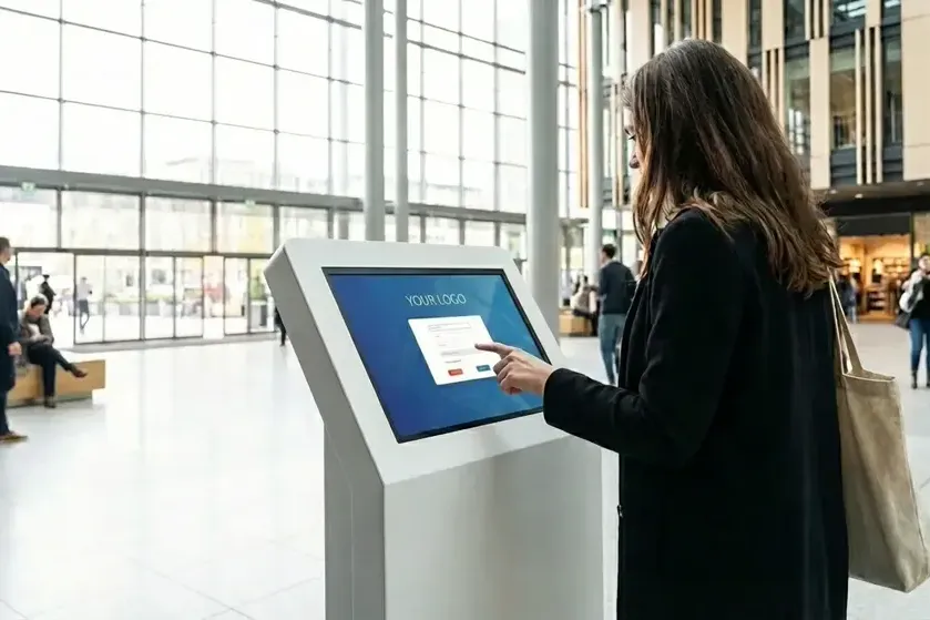 A woman using an interactive kiosk in a shopping mall, with the text "YOUR LOGO" displayed on the kiosk screen.