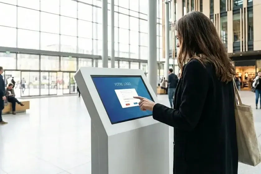 Une femme utilisant un kiosque interactif dans un centre commercial, avec le texte "VOTRE LOGO" affiché sur l'écran du kiosque.