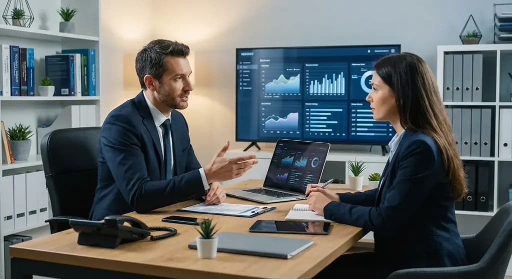 Professionnels en réunion de conseil en informatique, discutant de projets autour d'une table avec des écrans affichant des graphiques et des données.