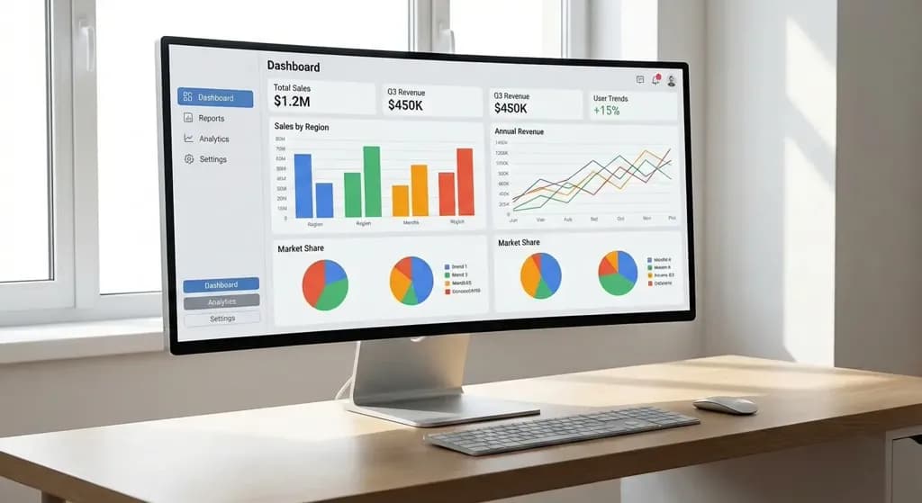 A computer with a dashboard displaying aggregated data, including charts, tables, and performance indicators.