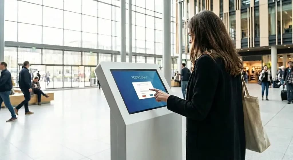 A woman using an interactive kiosk in a shopping mall, with the text "YOUR LOGO" displayed on the kiosk screen.