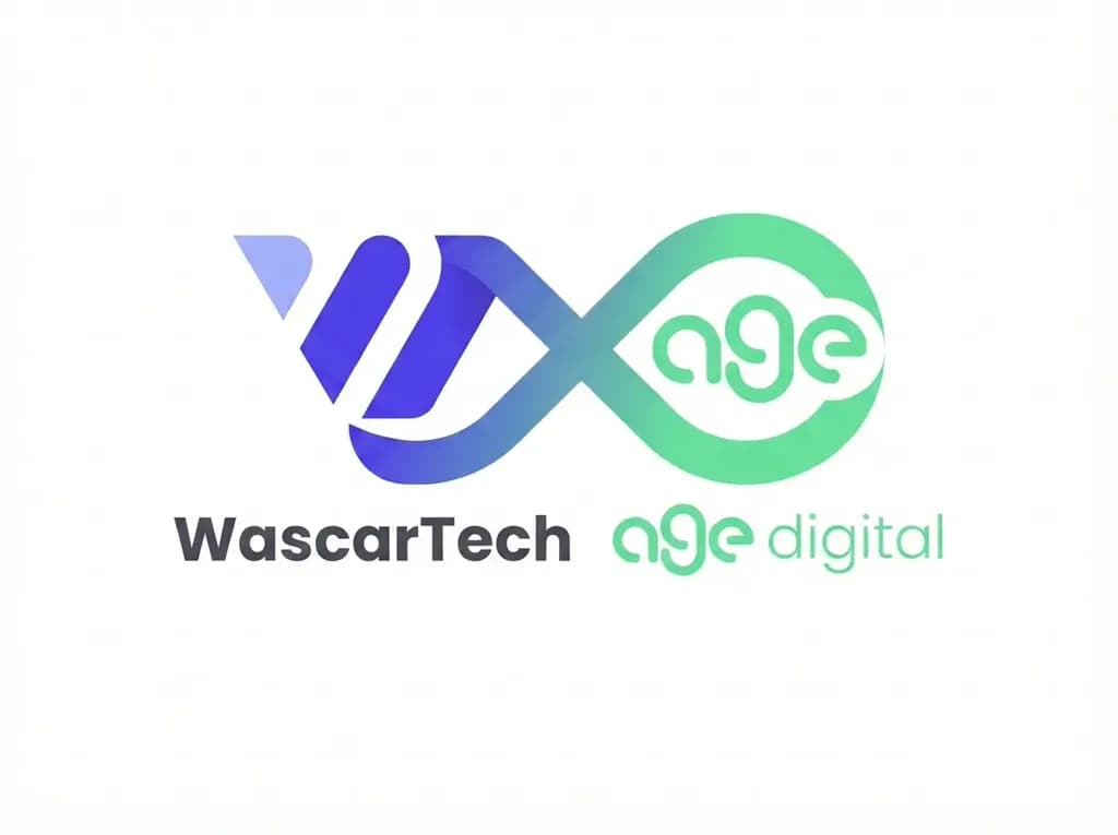 Un logo combinant les marques "WascarTech" et "age digital". Le logo de WascarTech présente un design en forme de flèche avec des nuances de bleu, tandis que le logo de age digital présente un design circulaire vert avec le texte "age" en blanc.